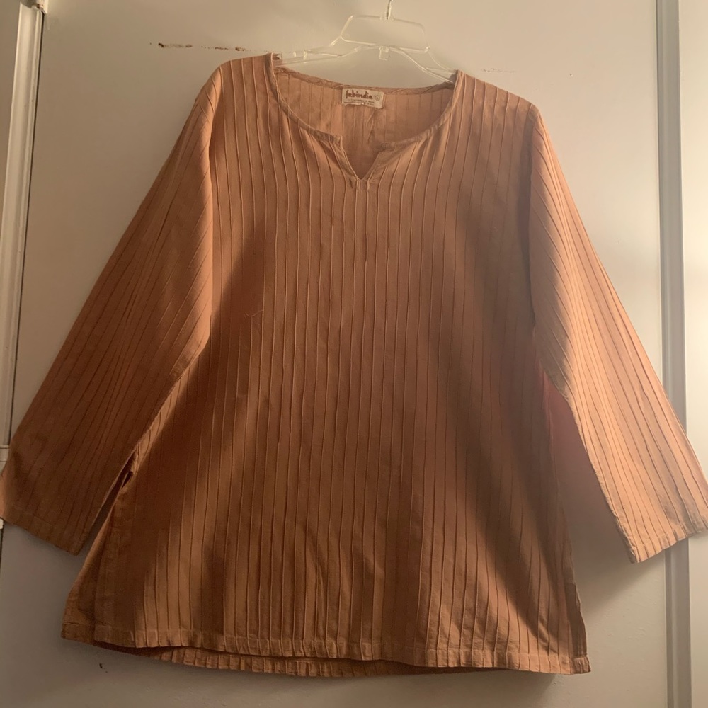 FabIndia pin-tucked cotton Kurta tunic Top Blouse - beige Tan Sz Large EUC
